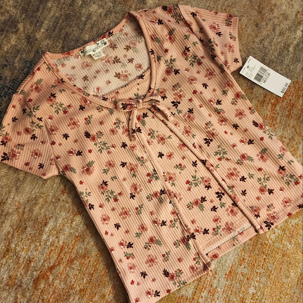 Knitworks Faux-Layer Tie-Front Floral Ribbed Short Sleeve Blouse - NWT